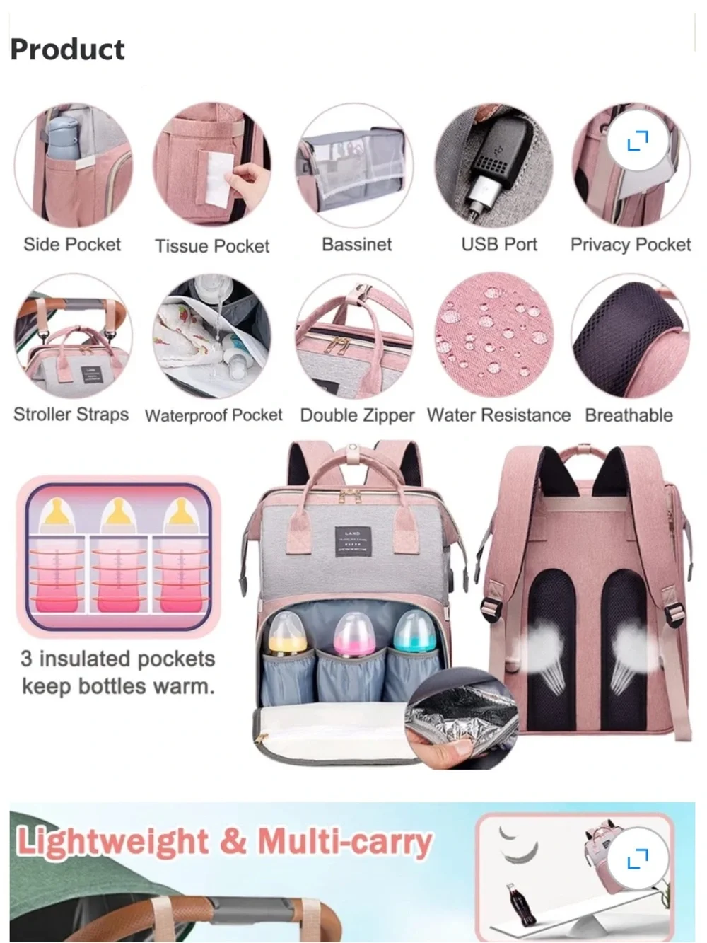 AND Pink & Gray Travel Backpack Tote